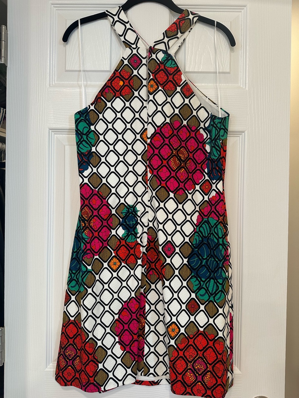 Trina Turk White Print Dress with Pink, Teal, Red & Orange Mosaic Print. - Picture 2 of 4